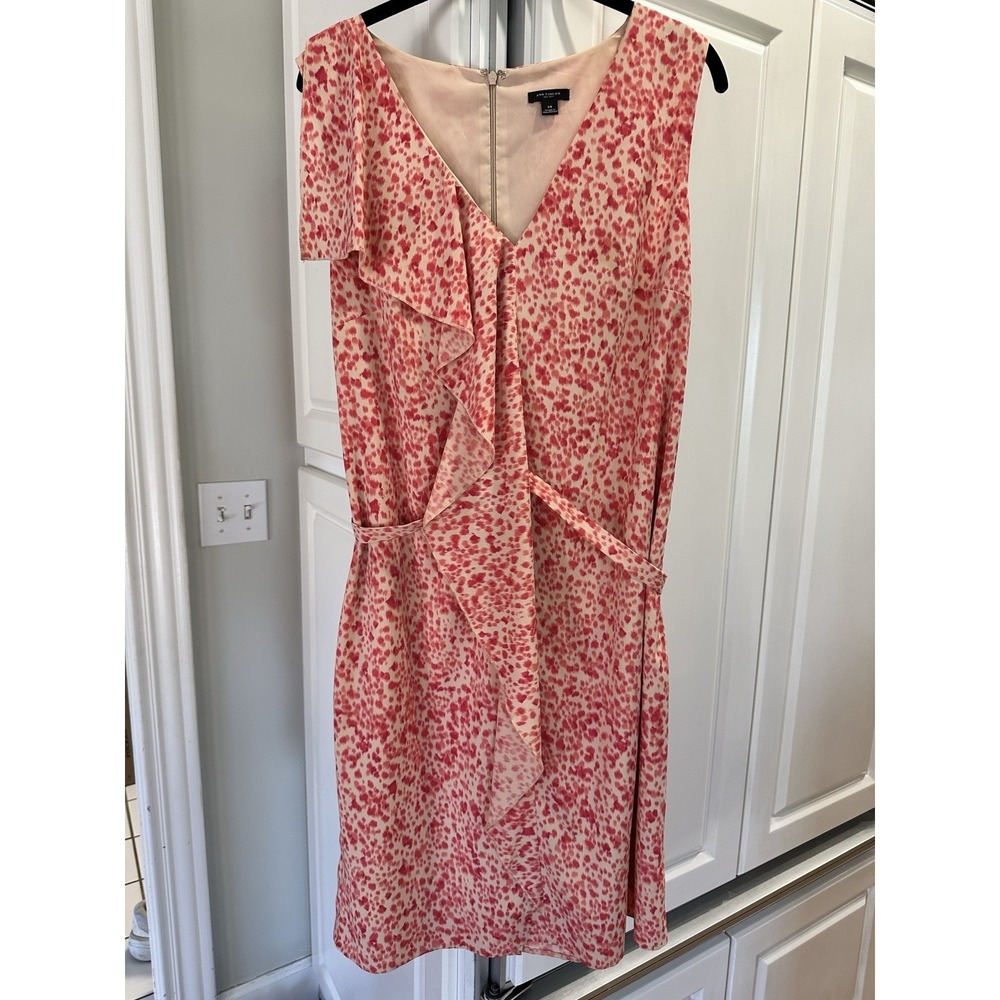 Ann Taylor Emerging Shadows Pink Print Ruffle Front Lined Dress Women's Size 14